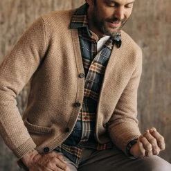 The Eddy Cardigan In Camel Herringbone Merino -Fashion Clothes instock m q423 eddy camel ash herringbone 003
